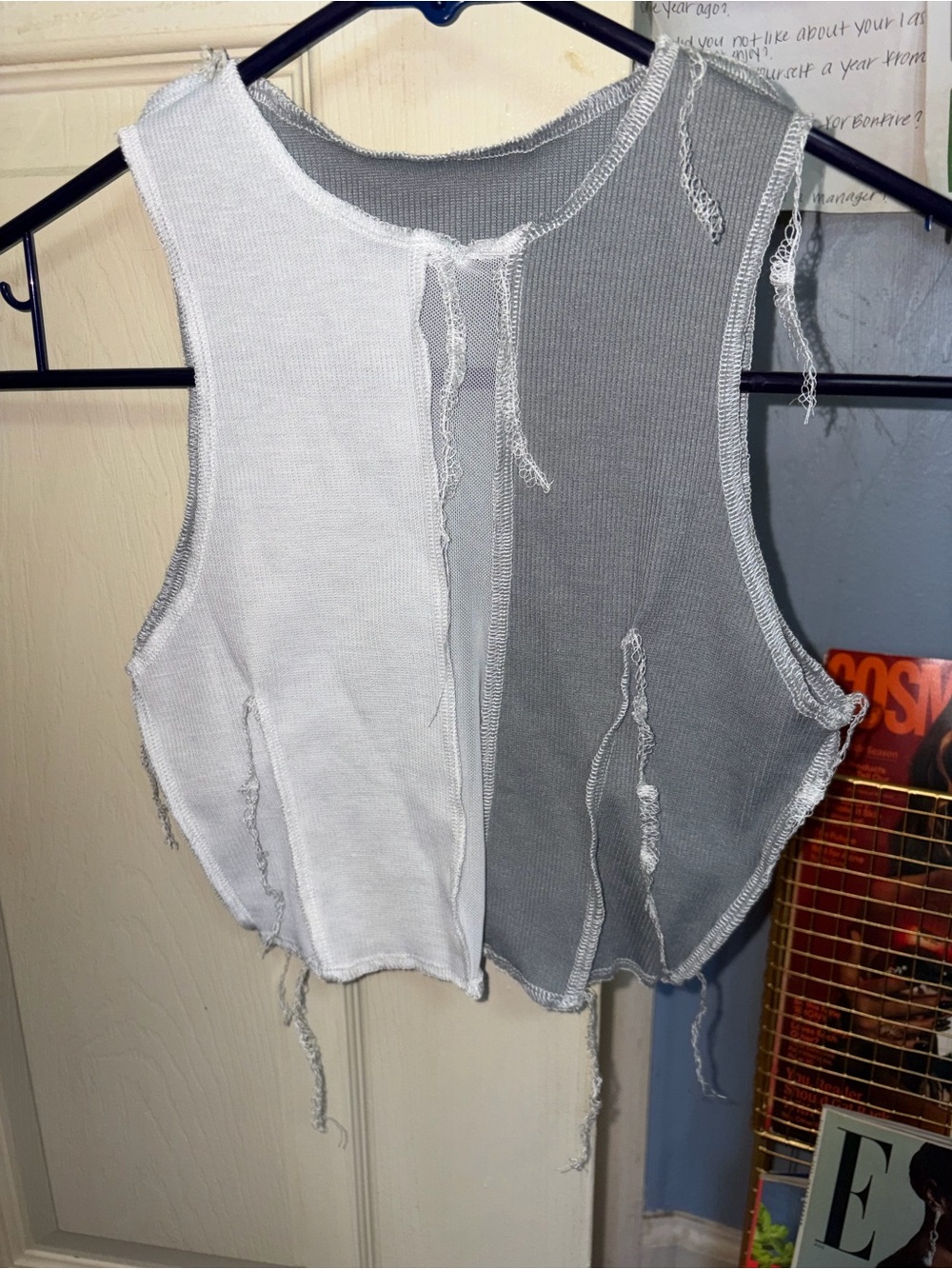 *BRAND NEW/NEVER WORN* Two-Tone White & Gray Sleeveless Distressed Crop Tank